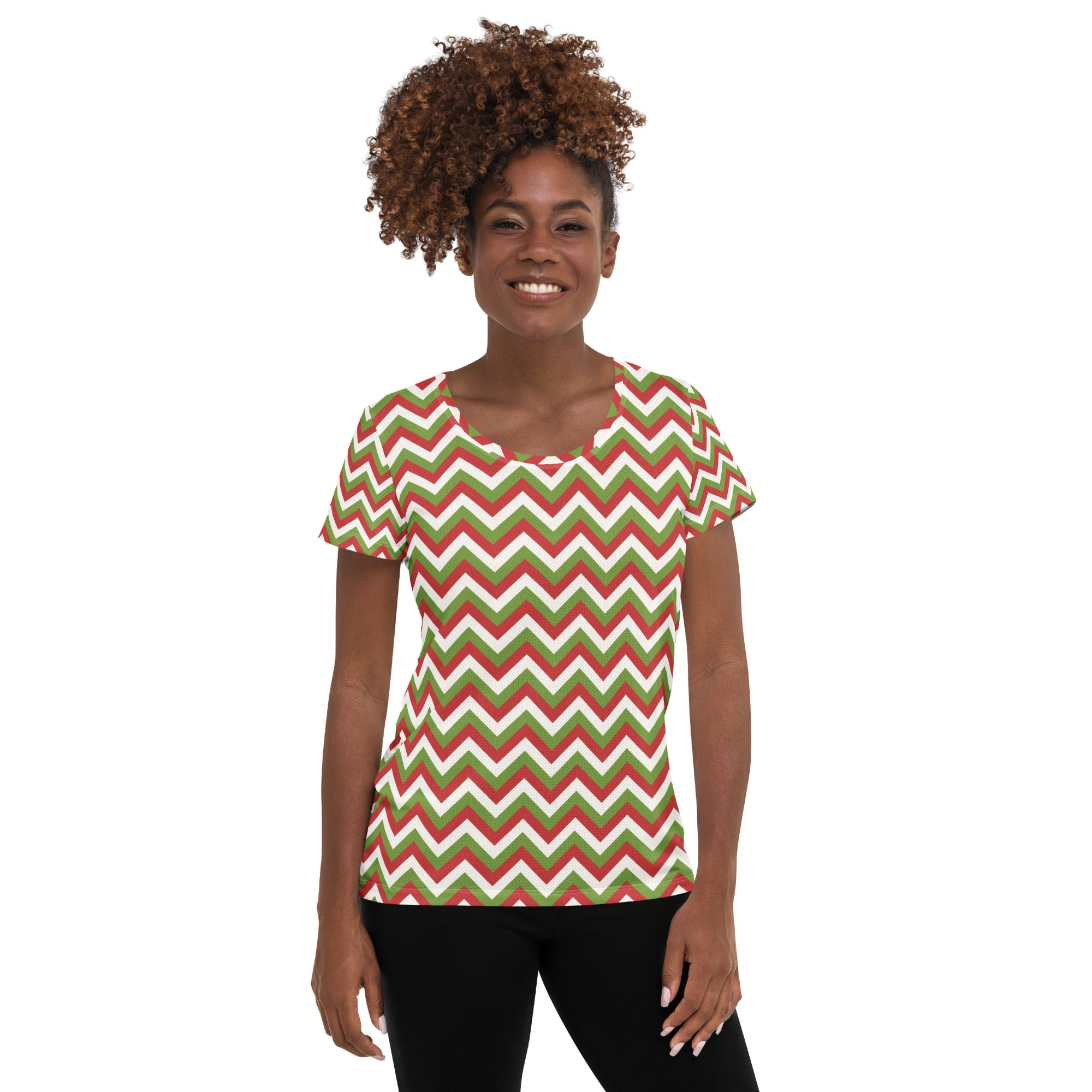 Women’s Christmas Chevron Athletic T-Shirt - Lightweight Moisture Wicking Workout Top With UPF 50+