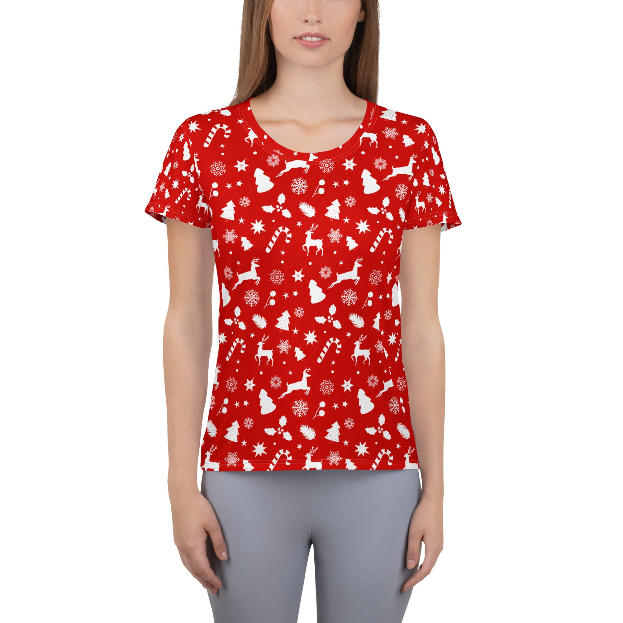 Women’s Red Christmas Reindeer Athletic T-Shirt - Lightweight Moisture Wicking Workout Top With UPF 50+