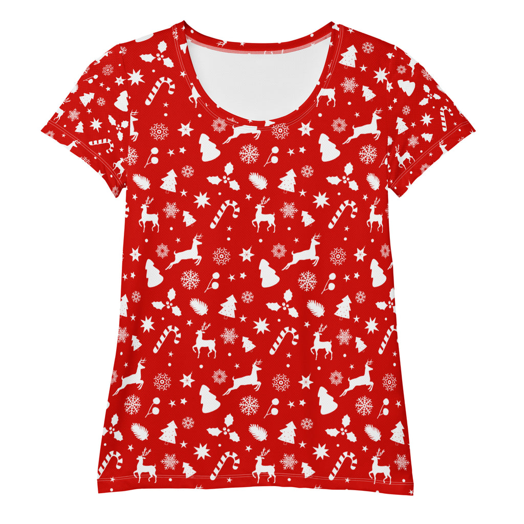 Women’s Red Christmas Reindeer Athletic T-Shirt - Lightweight Moisture Wicking Workout Top With UPF 50+