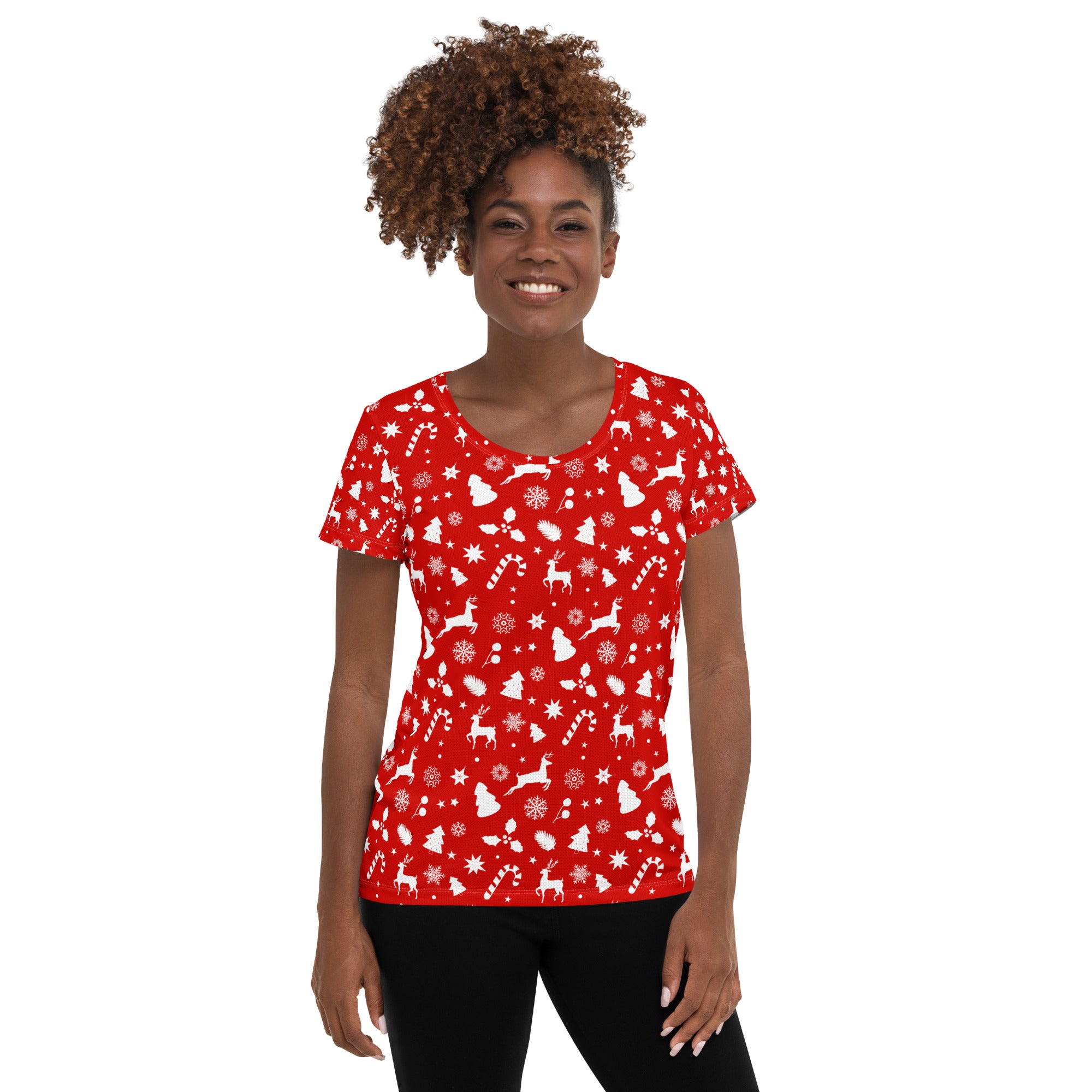 Women’s Red Christmas Reindeer Athletic T-Shirt - Lightweight Moisture Wicking Workout Top With UPF 50+