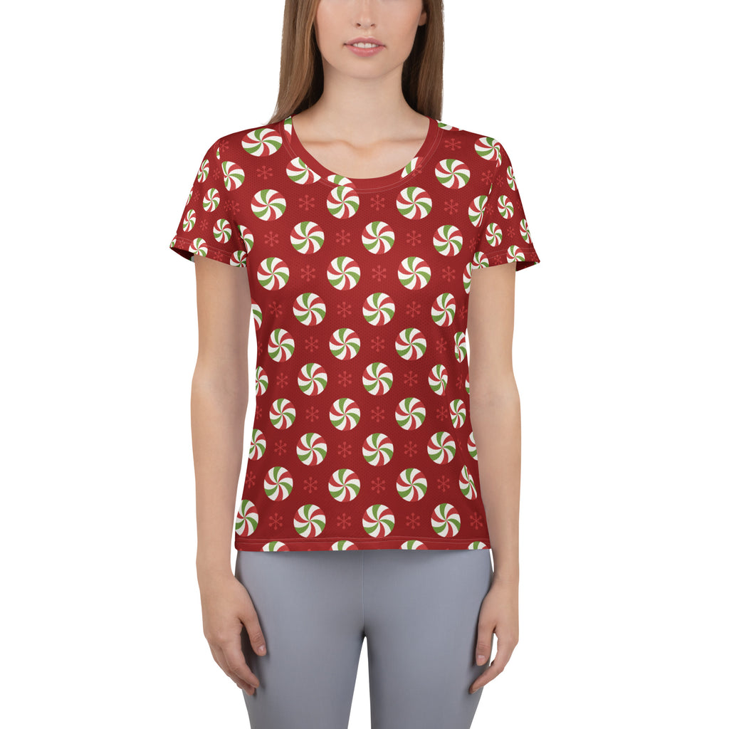 Women’s Christmas Peppermint Athletic T-Shirt - Lightweight Moisture Wicking Workout Top With UPF 50+