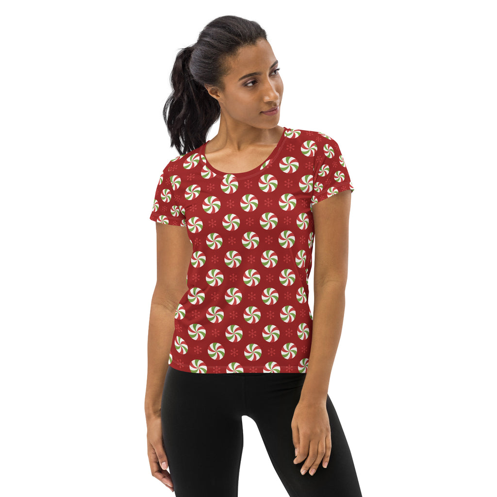 Women’s Christmas Peppermint Athletic T-Shirt - Lightweight Moisture Wicking Workout Top With UPF 50+