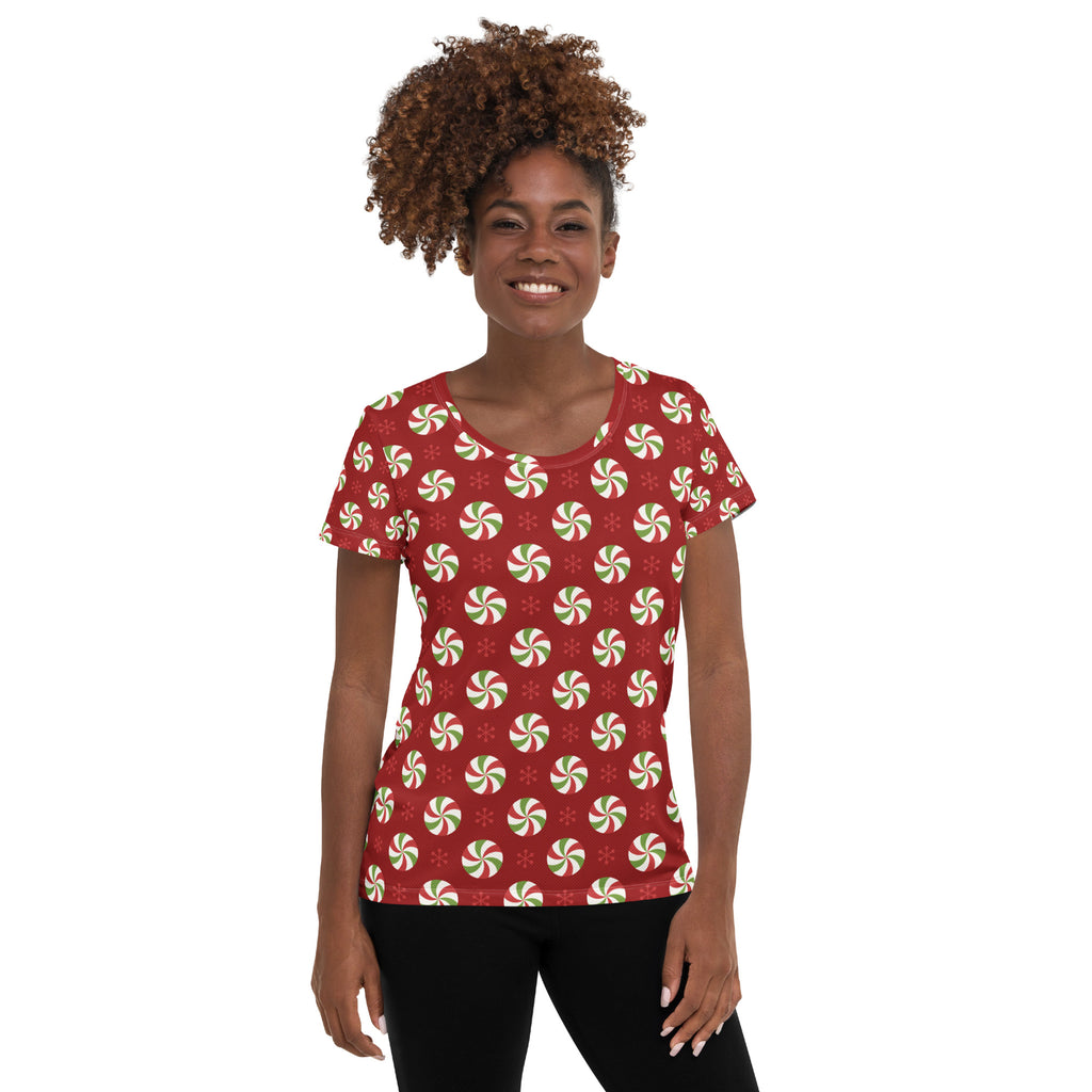 Women’s Christmas Peppermint Athletic T-Shirt - Lightweight Moisture Wicking Workout Top With UPF 50+