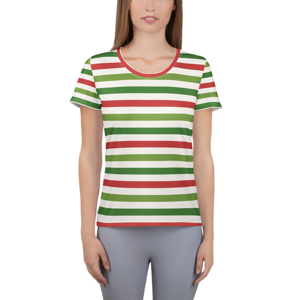 Women’s Red Green Christmas Striped Athletic T-Shirt - Lightweight Moisture Wicking Workout Top With UPF 50+