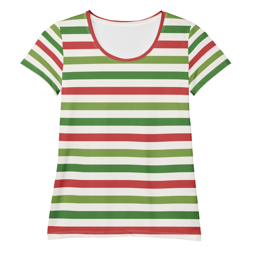Women’s Red Green Christmas Striped Athletic T-Shirt - Lightweight Moisture Wicking Workout Top With UPF 50+