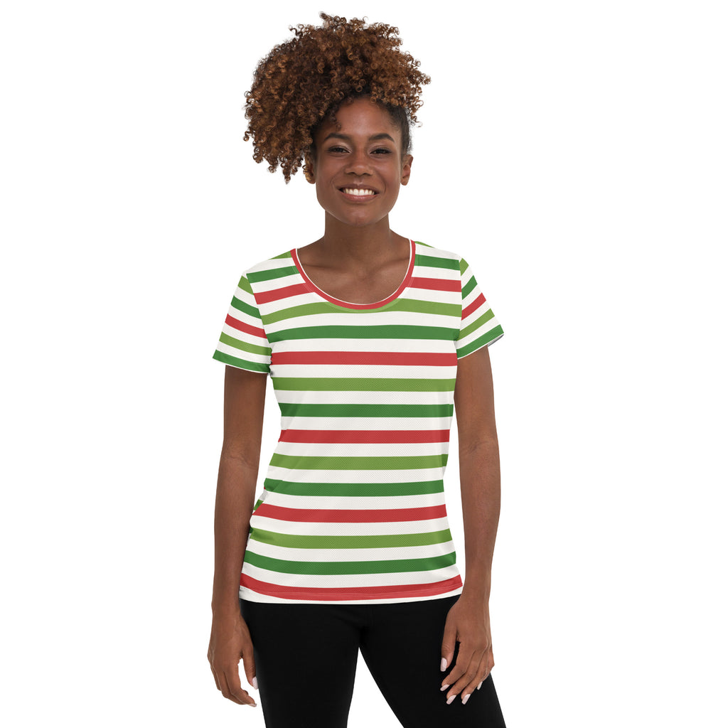 Women’s Red Green Christmas Striped Athletic T-Shirt - Lightweight Moisture Wicking Workout Top With UPF 50+