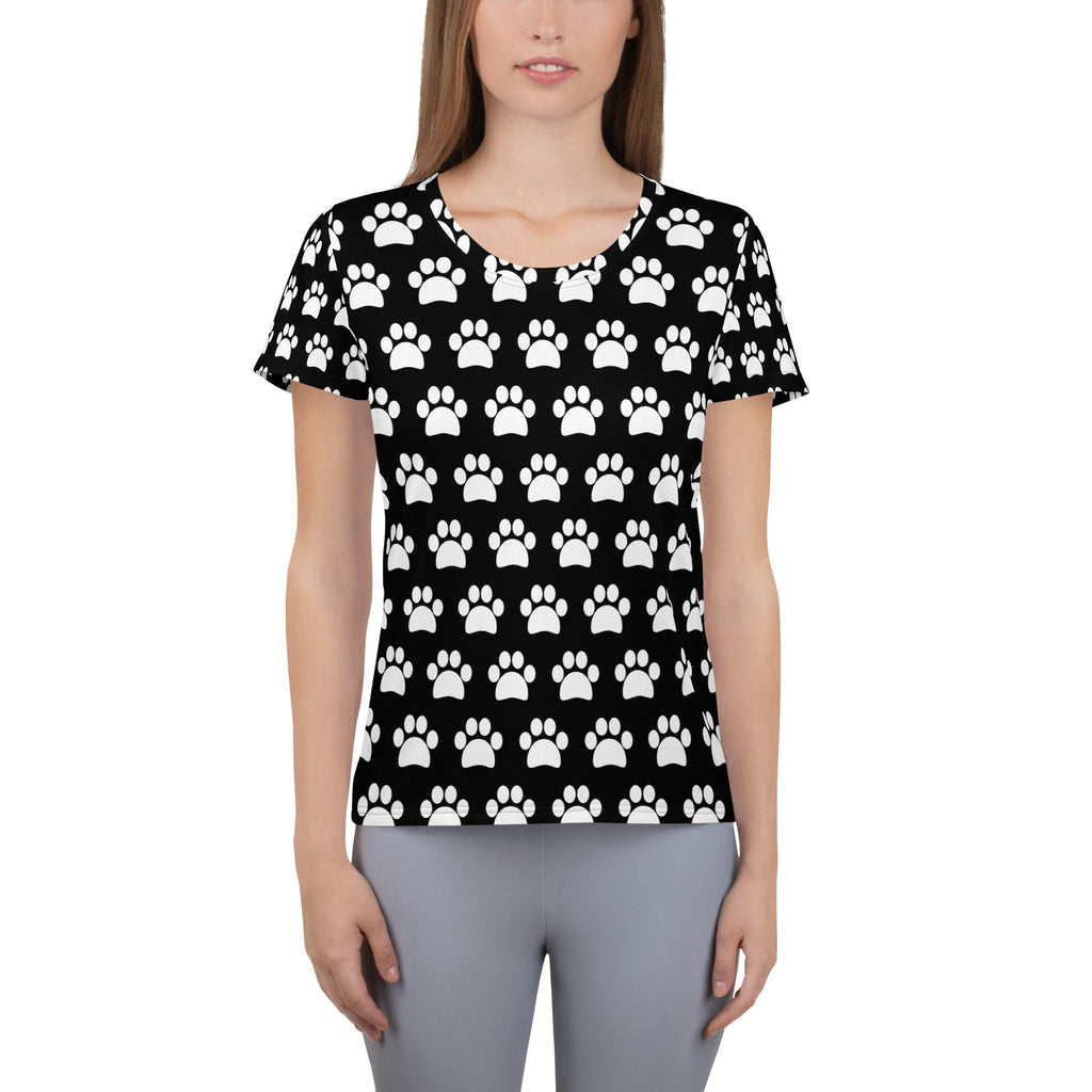 Women’s Black Paw Print Athletic T-Shirt - Lightweight Moisture Wicking Workout Top With UPF 50+