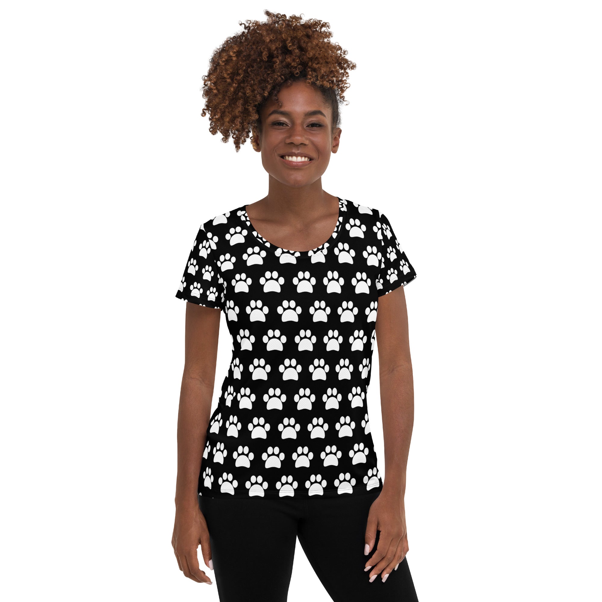 Women’s Black Paw Print Athletic T-Shirt - Lightweight Moisture Wicking Workout Top With UPF 50+