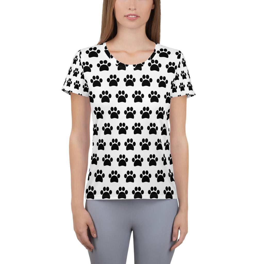 Women’s White Paw Print Athletic T-Shirt - Lightweight Moisture Wicking Workout Top With UPF 50+