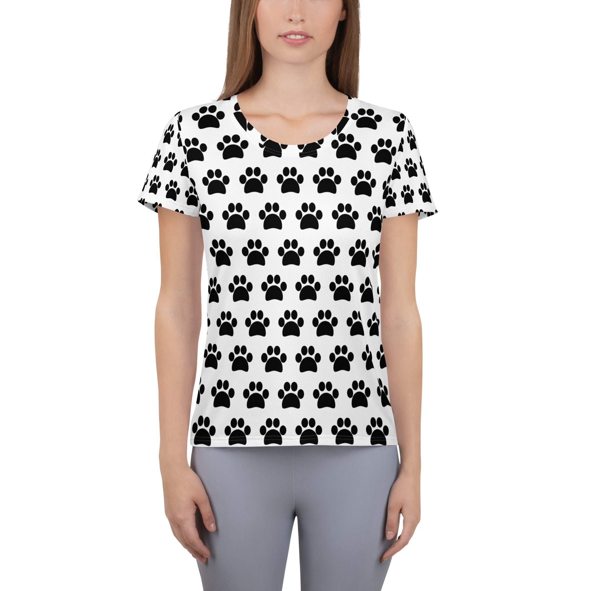 Women’s White Paw Print Athletic T-Shirt - Lightweight Moisture Wicking Workout Top With UPF 50+
