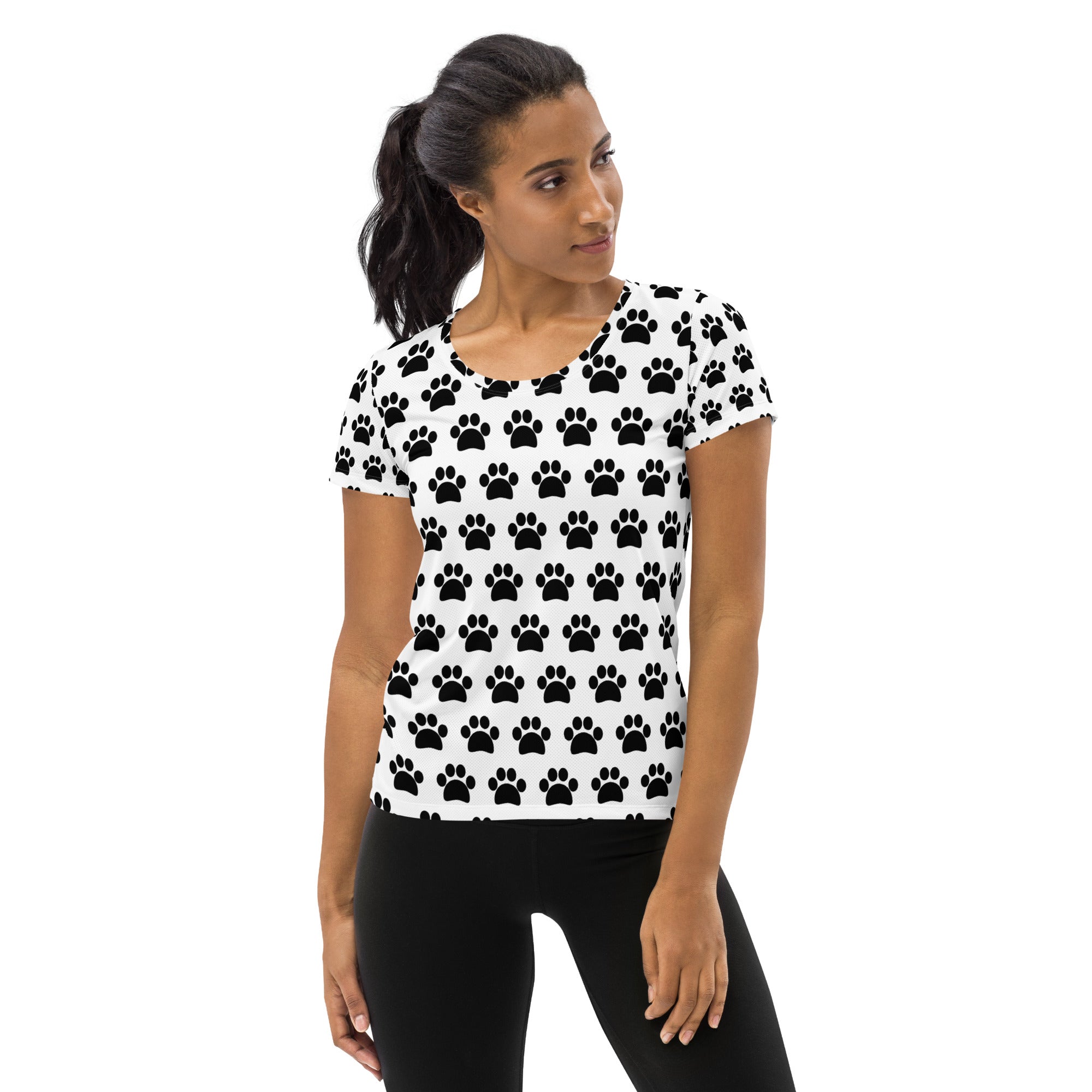 Women’s White Paw Print Athletic T-Shirt - Lightweight Moisture Wicking Workout Top With UPF 50+