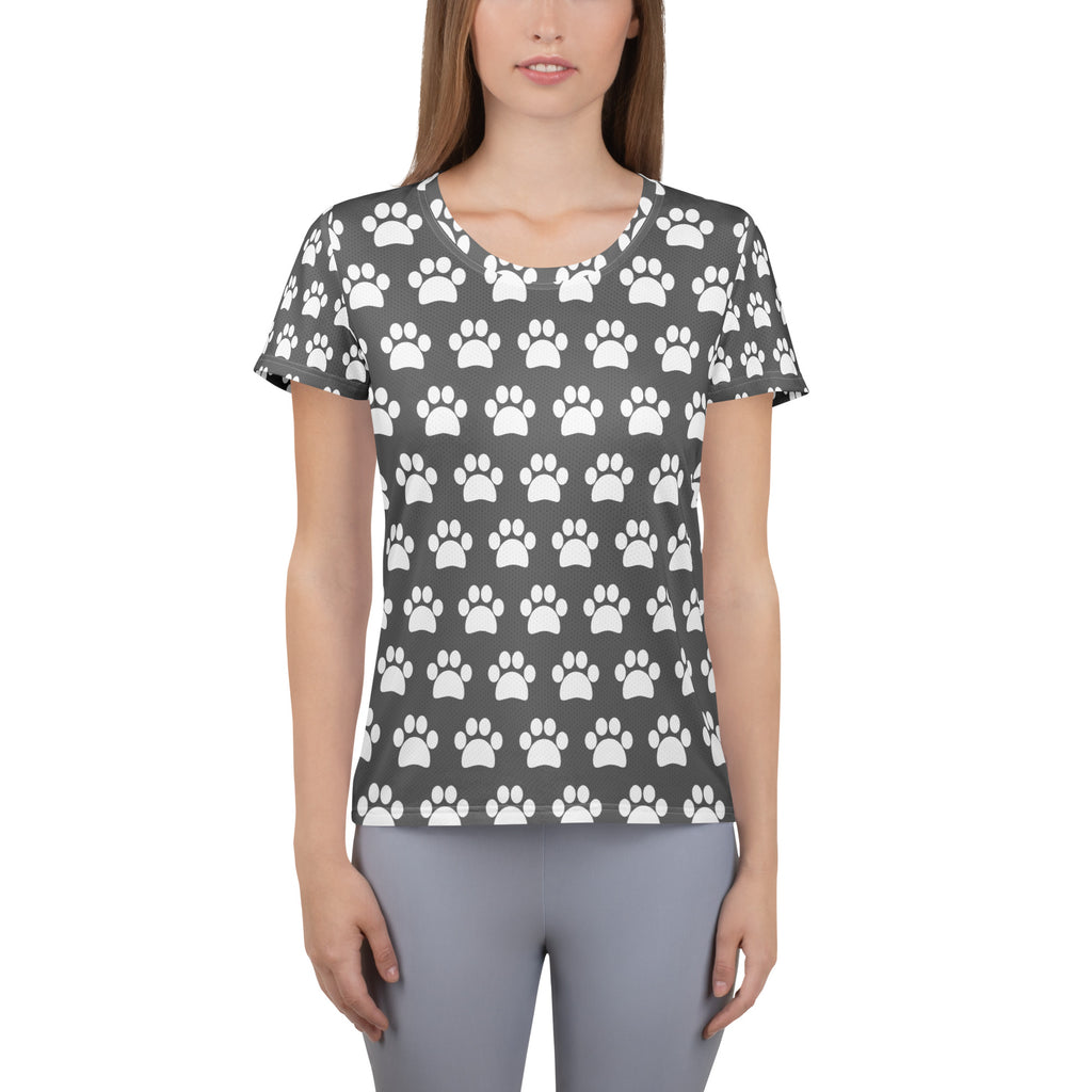 Women’s Gray Paw Print Athletic T-Shirt - Lightweight Moisture Wicking Workout Top With UPF 50+