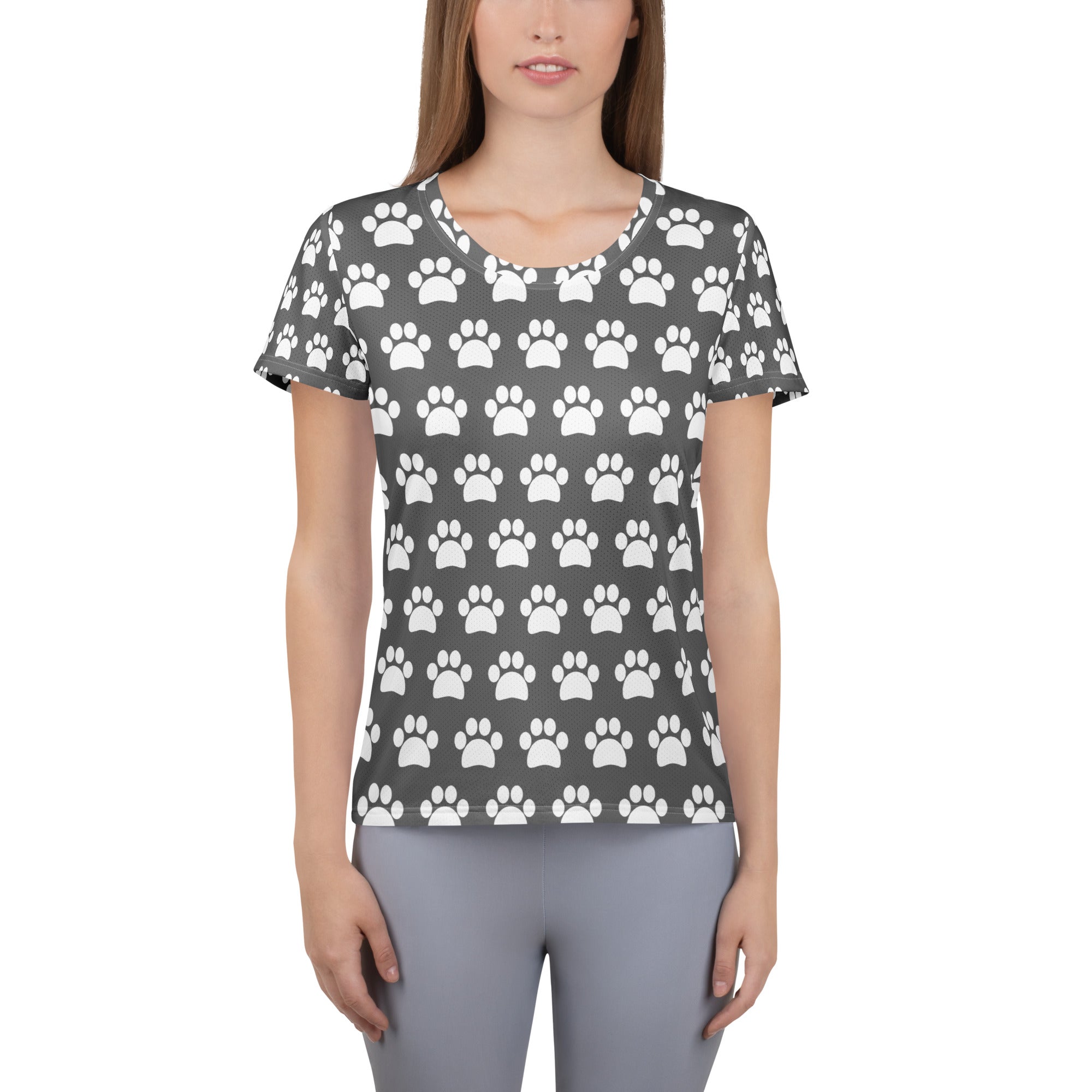 Women’s Gray Paw Print Athletic T-Shirt - Lightweight Moisture Wicking Workout Top With UPF 50+