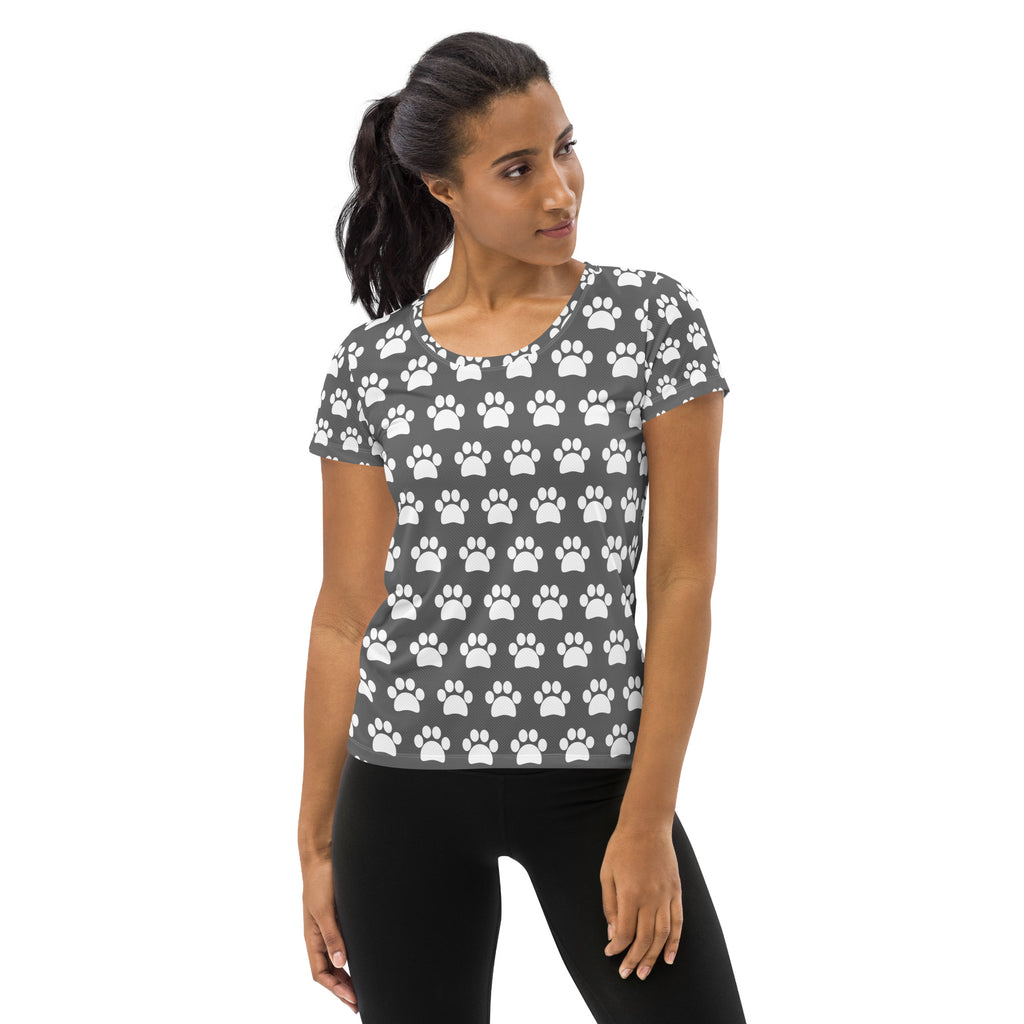 Women’s Gray Paw Print Athletic T-Shirt - Lightweight Moisture Wicking Workout Top With UPF 50+