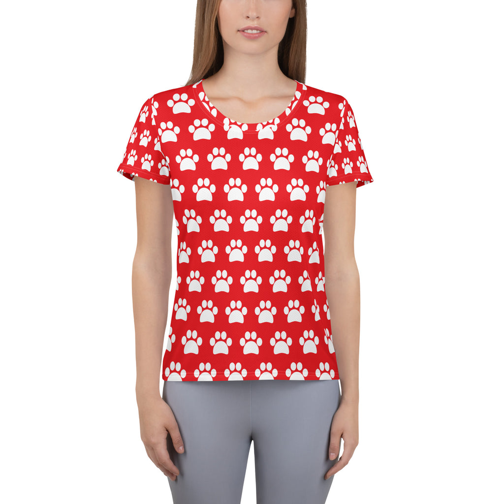 Women’s Red Paw Print Athletic T-Shirt - Lightweight Moisture Wicking Workout Top With UPF 50+