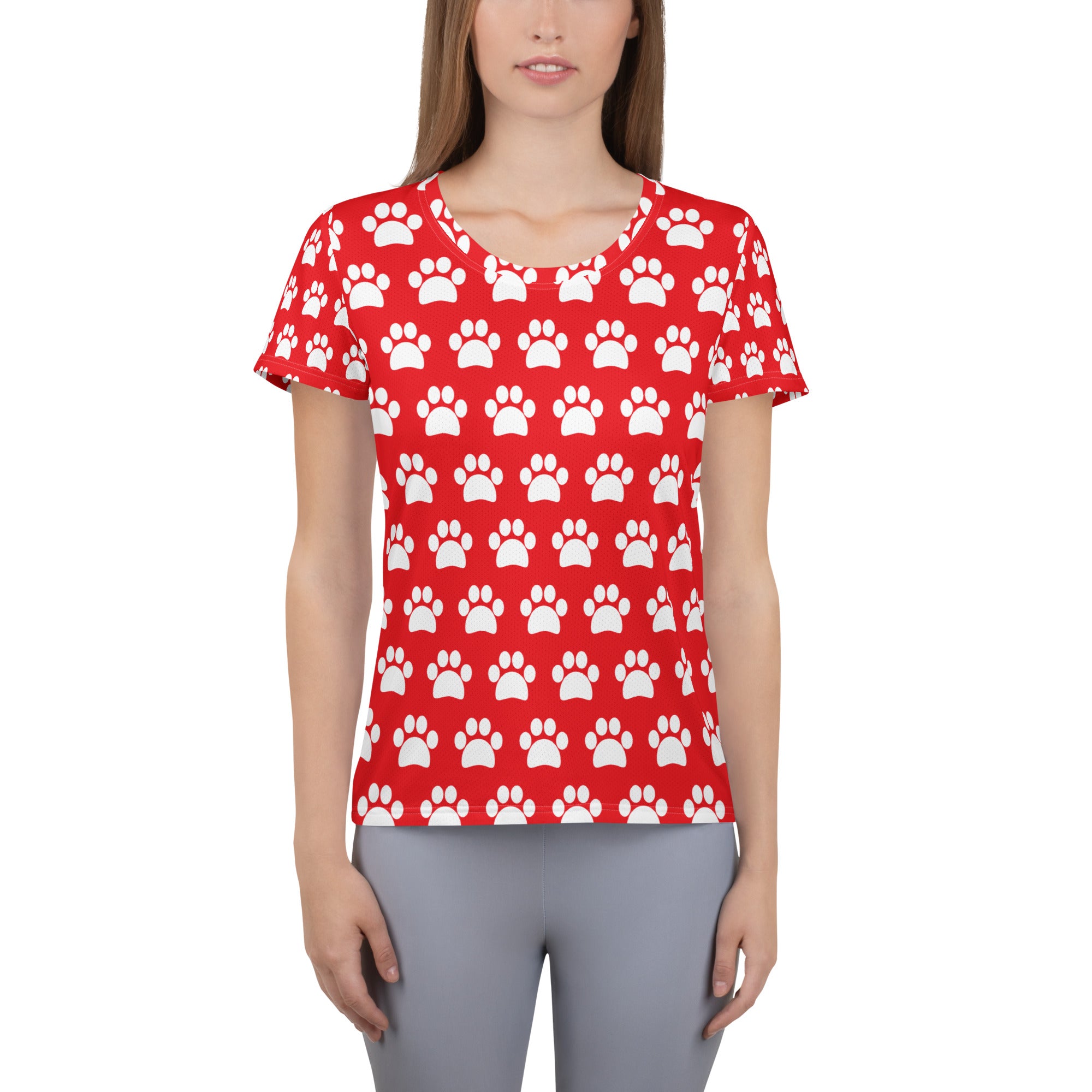 Women’s Red Paw Print Athletic T-Shirt - Lightweight Moisture Wicking Workout Top With UPF 50+