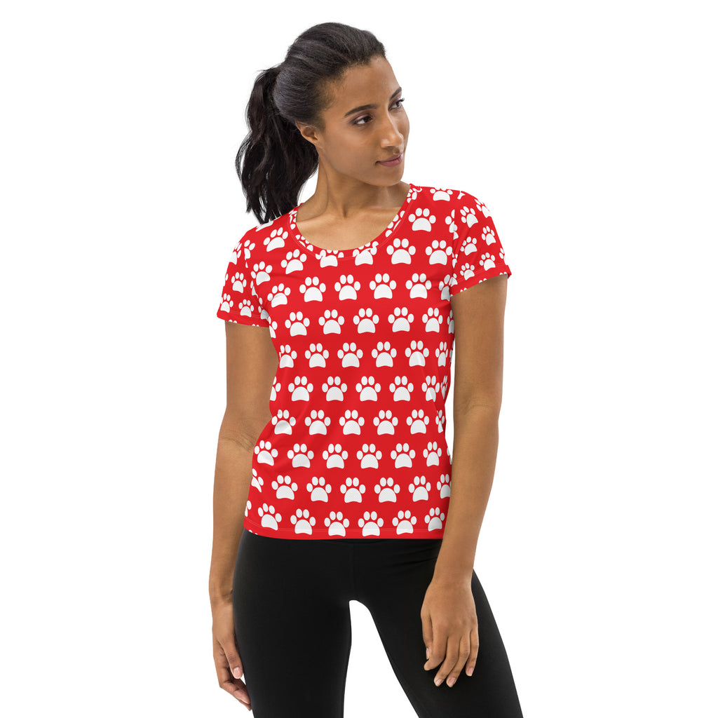 Women’s Red Paw Print Athletic T-Shirt - Lightweight Moisture Wicking Workout Top With UPF 50+