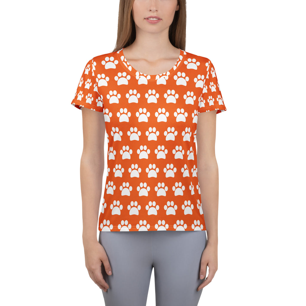 Women’s Orange Paw Print Athletic T-Shirt - Lightweight Moisture Wicking Workout Top With UPF 50+