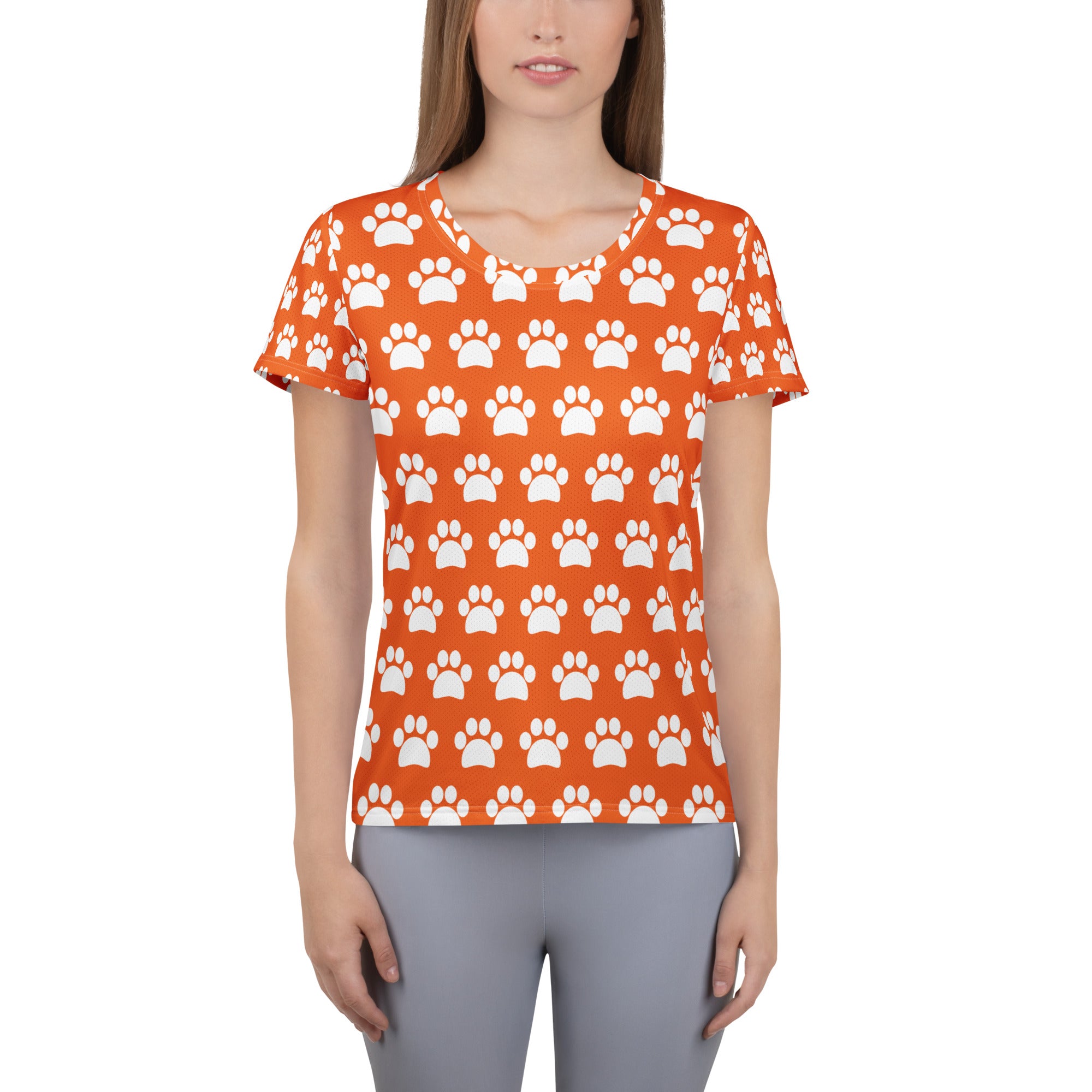 Women’s Orange Paw Print Athletic T-Shirt - Lightweight Moisture Wicking Workout Top With UPF 50+