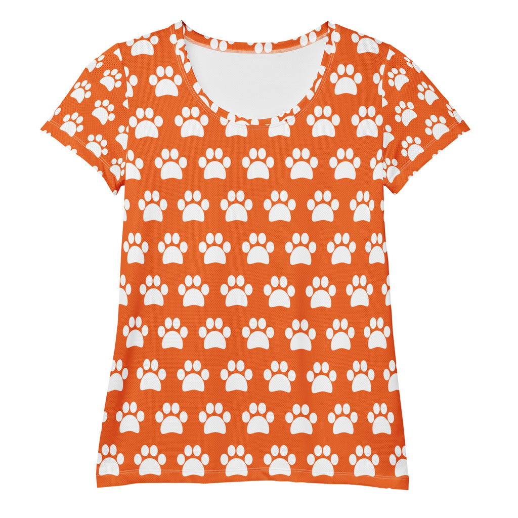 Women’s Orange Paw Print Athletic T-Shirt - Lightweight Moisture Wicking Workout Top With UPF 50+