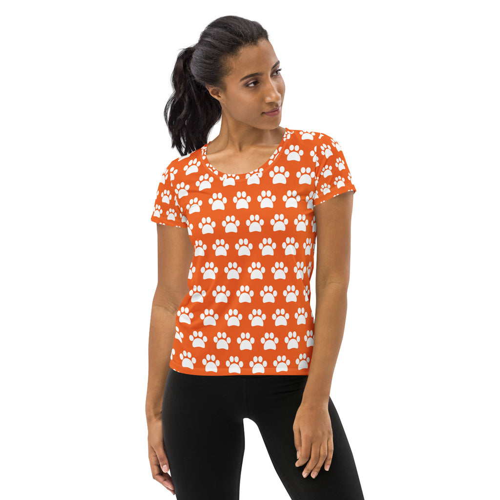 Women’s Orange Paw Print Athletic T-Shirt - Lightweight Moisture Wicking Workout Top With UPF 50+