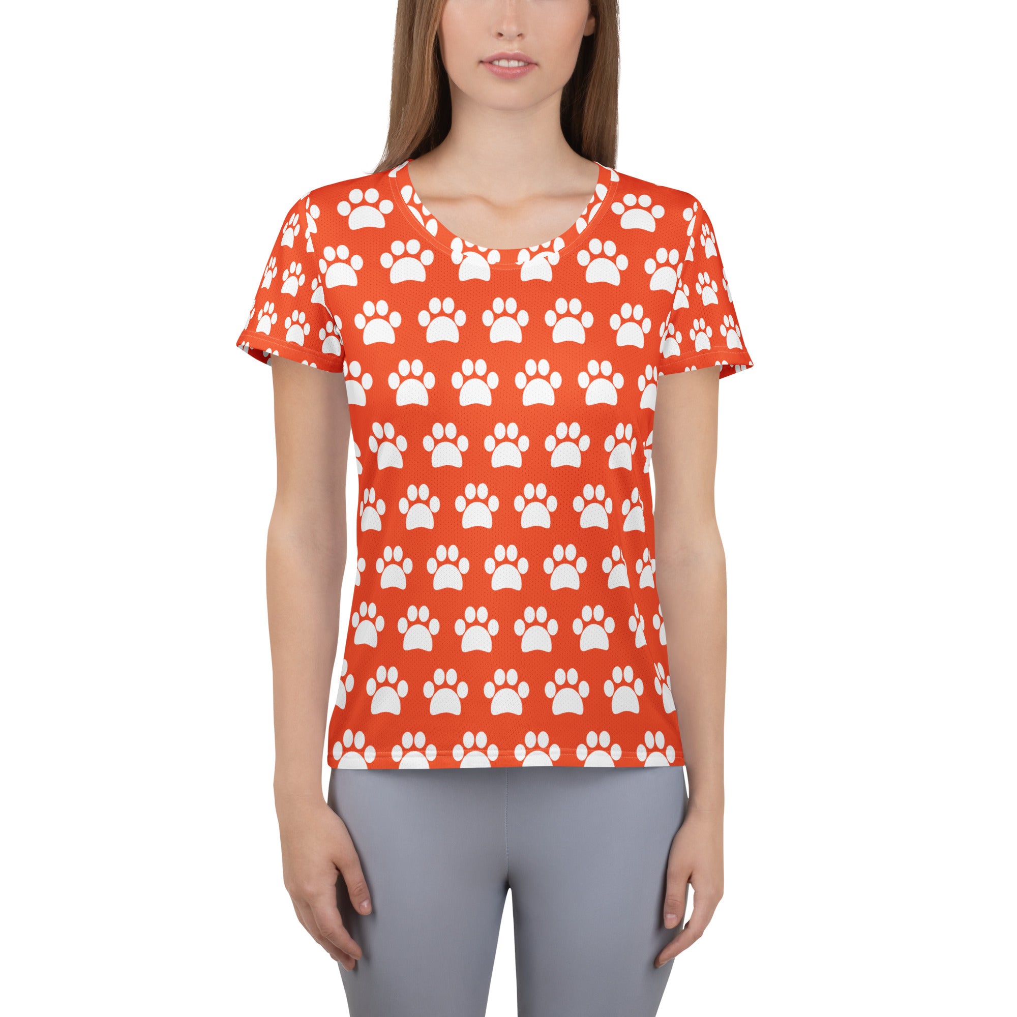 Women’s Bright Orange Paw Print Athletic T-Shirt - Lightweight Moisture Wicking Workout Top With UPF 50+