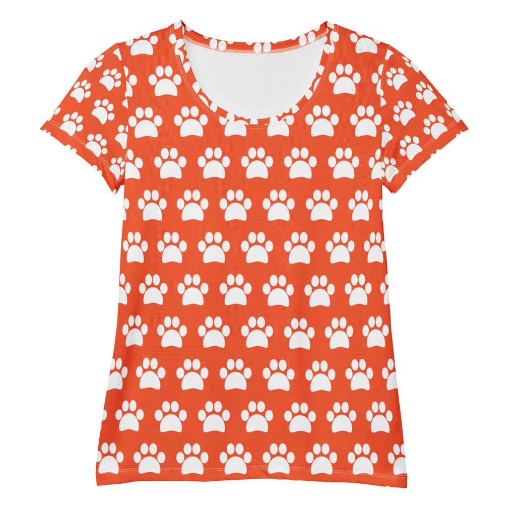 Women’s Bright Orange Paw Print Athletic T-Shirt - Lightweight Moisture Wicking Workout Top With UPF 50+