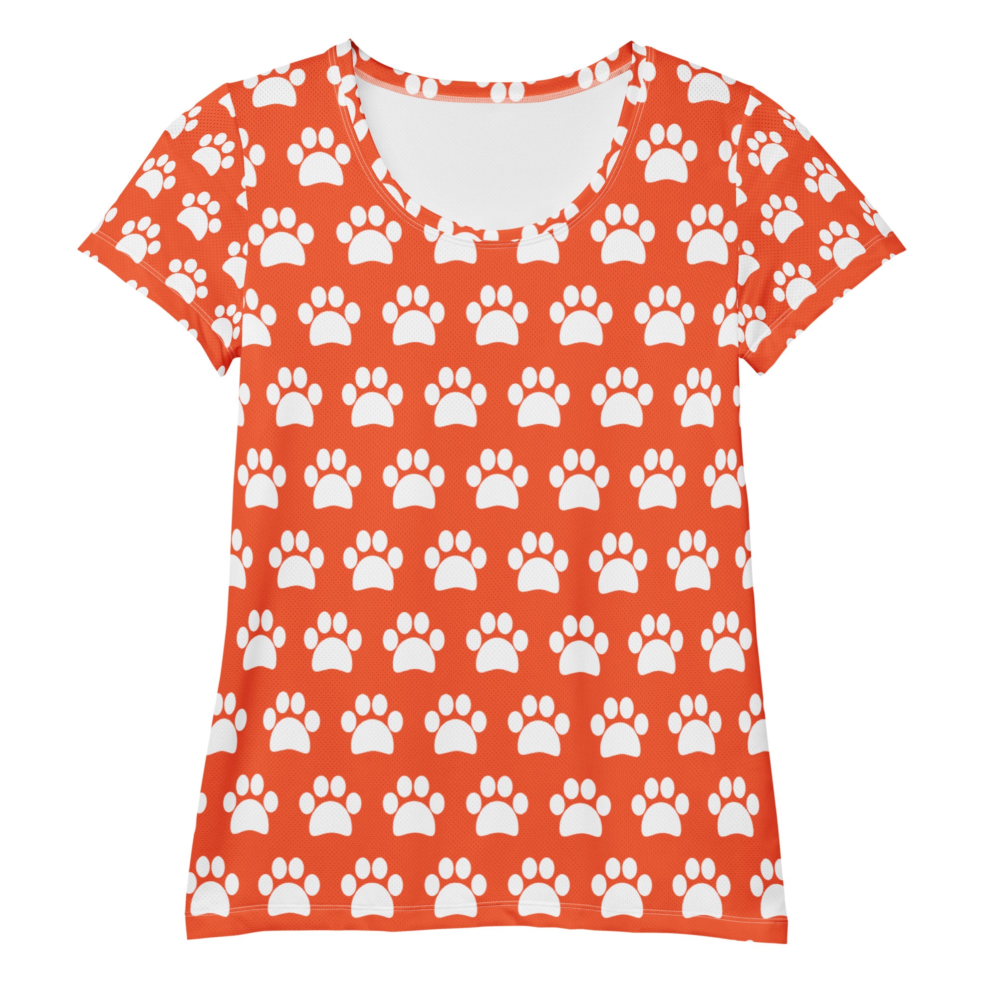 Women’s Bright Orange Paw Print Athletic T-Shirt - Lightweight Moisture Wicking Workout Top With UPF 50+