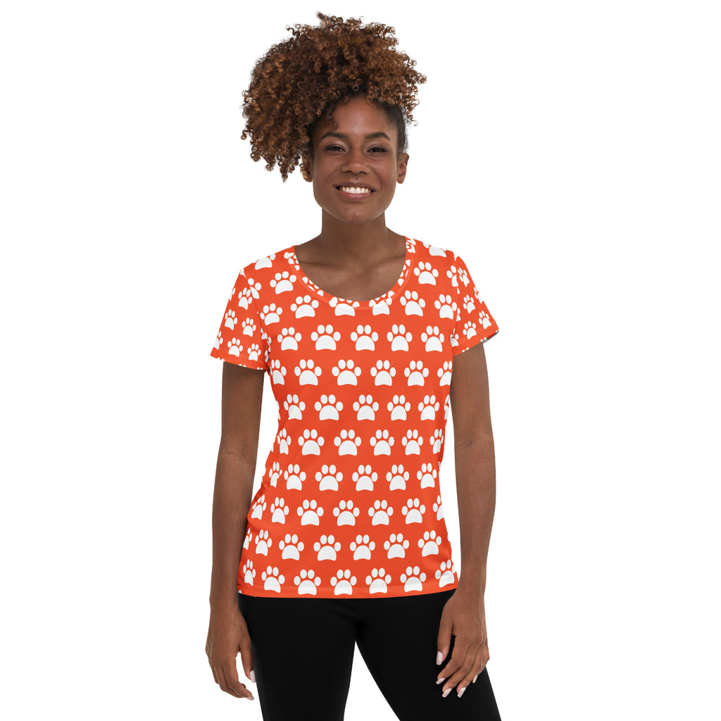 Women’s Bright Orange Paw Print Athletic T-Shirt - Lightweight Moisture Wicking Workout Top With UPF 50+