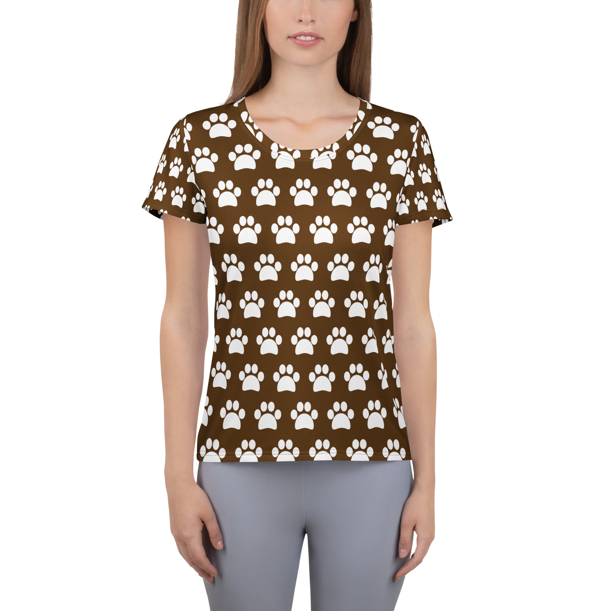 Women’s Brown Paw Print Athletic T-Shirt - Lightweight Moisture Wicking Workout Top With UPF 50+