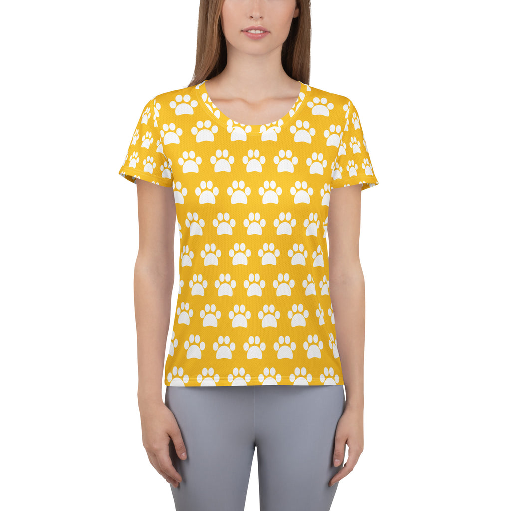 Women’s Yellow Paw Print Athletic T-Shirt - Lightweight Moisture Wicking Workout Top With UPF 50+