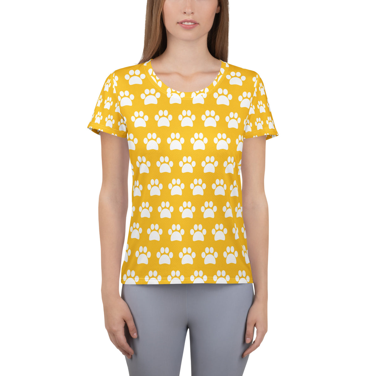 Women’s Yellow Paw Print Athletic T-Shirt - Lightweight Moisture Wicking Workout Top With UPF 50+