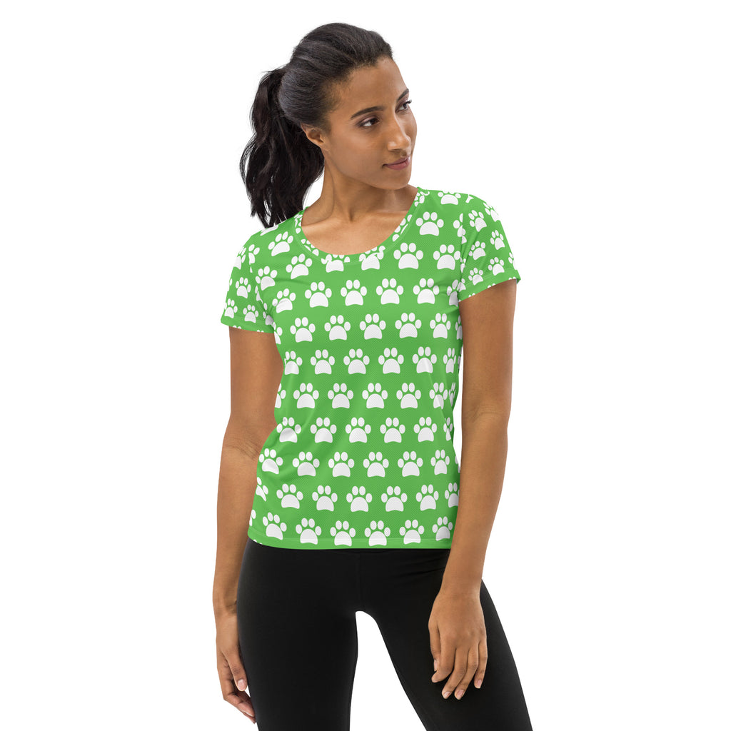 Women’s Green Paw Print Athletic T-Shirt - Lightweight Moisture Wicking Workout Top With UPF 50+