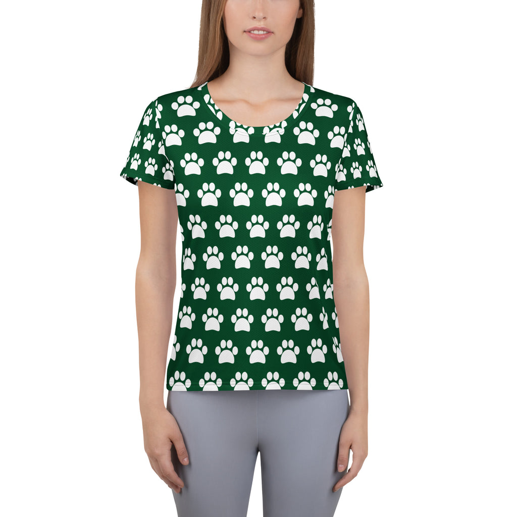 Women’s Forest Green Paw Print Athletic T-Shirt - Lightweight Moisture Wicking Workout Top With UPF 50+