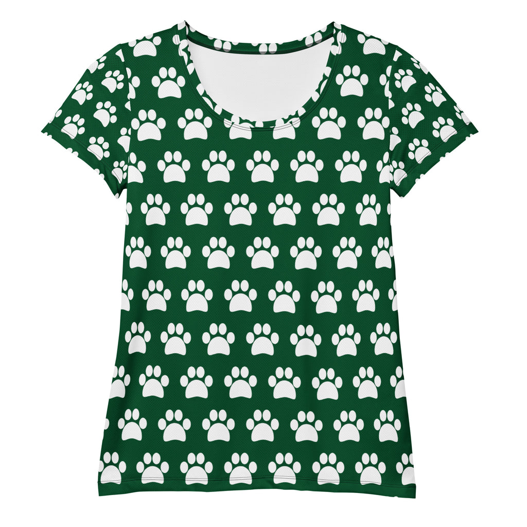 Women’s Forest Green Paw Print Athletic T-Shirt - Lightweight Moisture Wicking Workout Top With UPF 50+