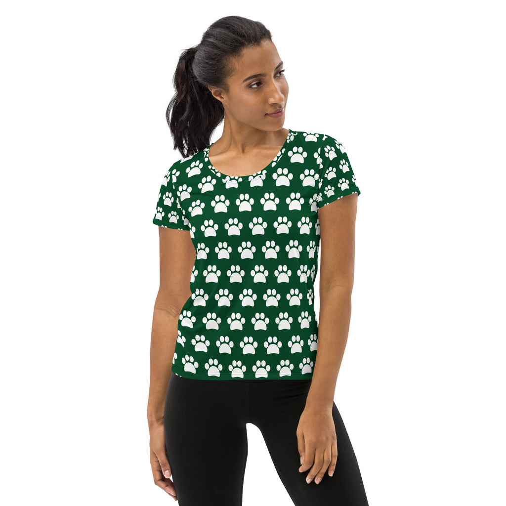 Women’s Forest Green Paw Print Athletic T-Shirt - Lightweight Moisture Wicking Workout Top With UPF 50+