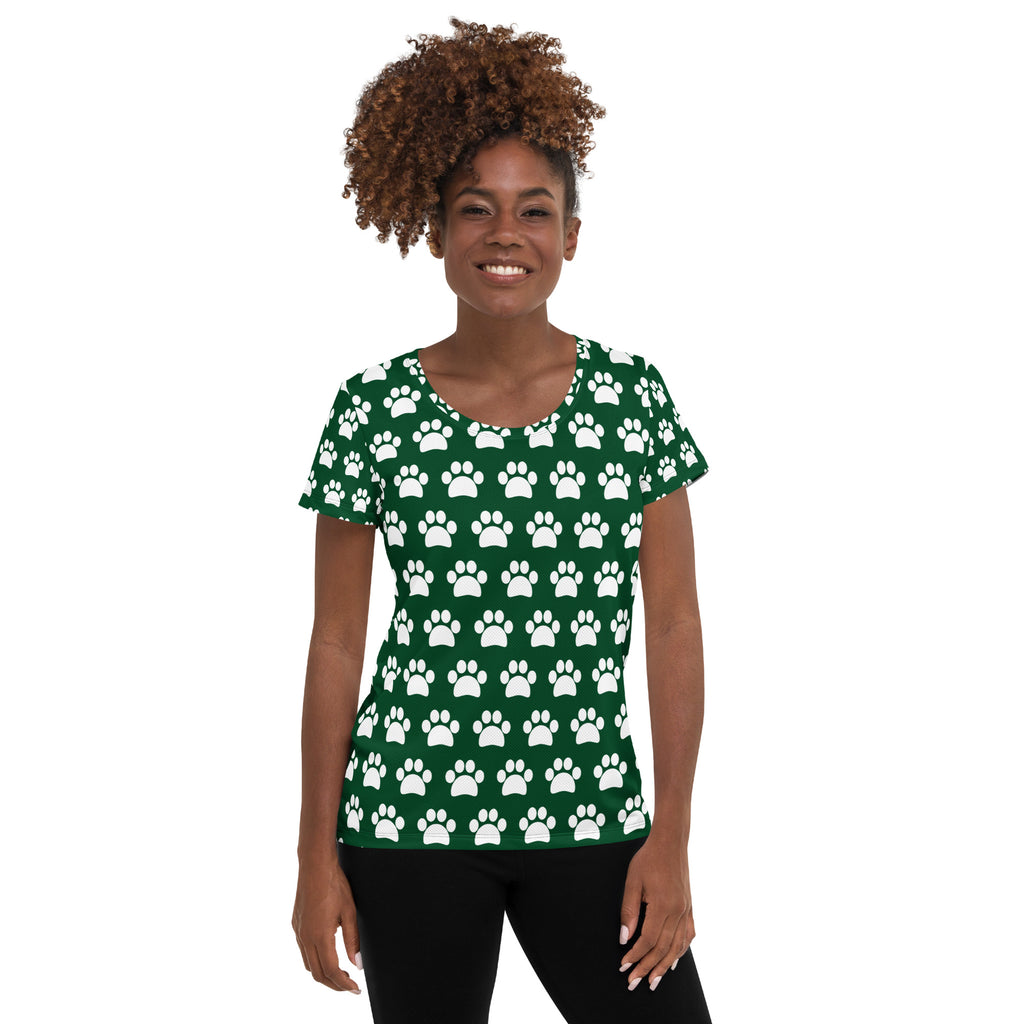 Women’s Forest Green Paw Print Athletic T-Shirt - Lightweight Moisture Wicking Workout Top With UPF 50+