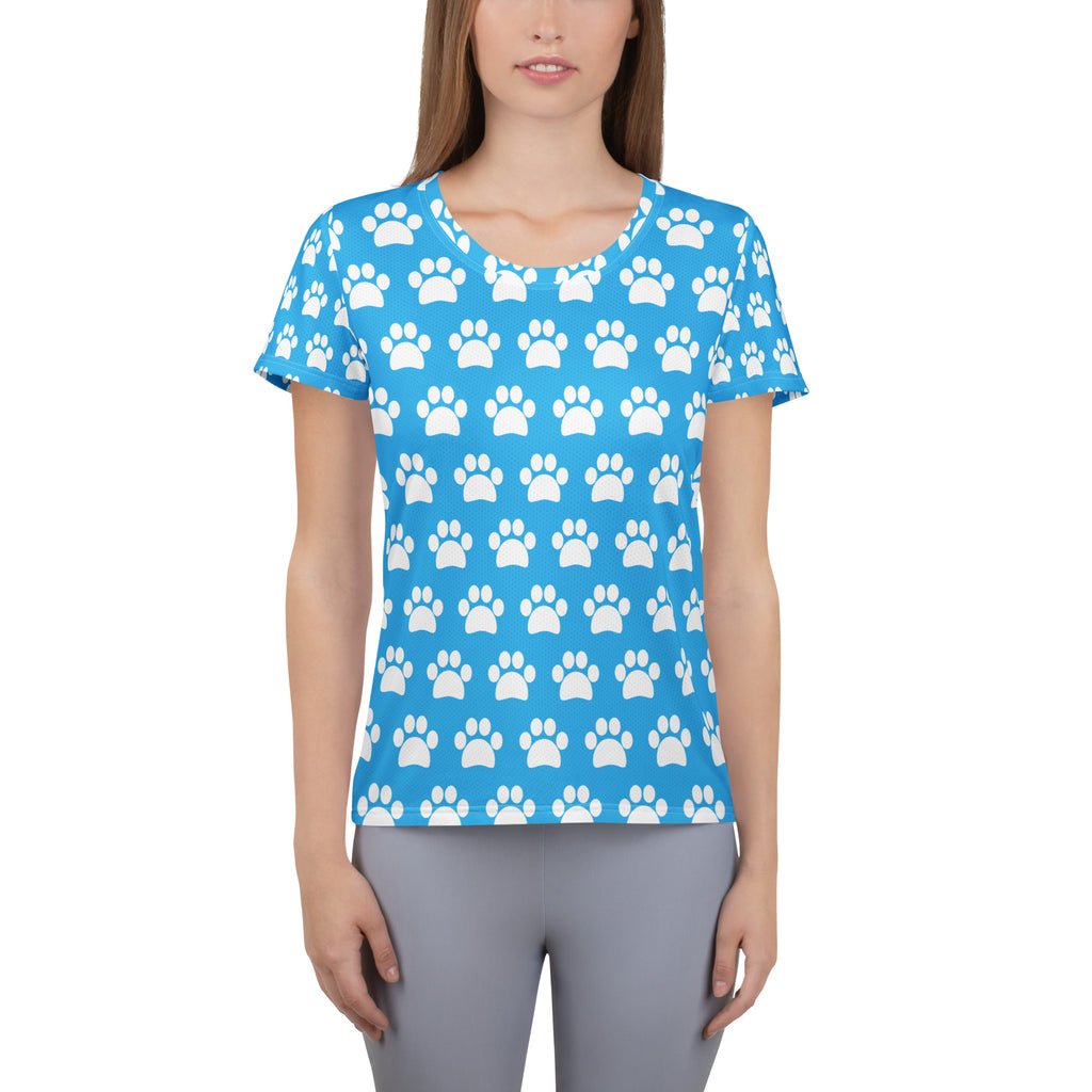 Women’s Light Blue Paw Print Athletic T-Shirt - Lightweight Moisture Wicking Workout Top With UPF 50+