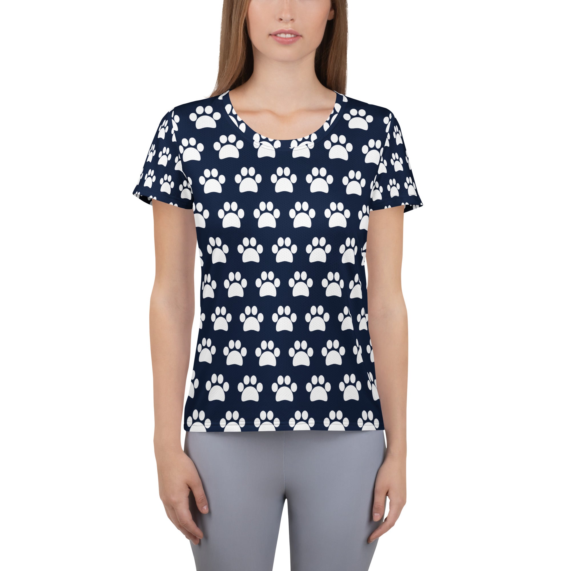 Women’s Navy Blue Paw Print Athletic T-Shirt - Lightweight Moisture Wicking Workout Top With UPF 50+