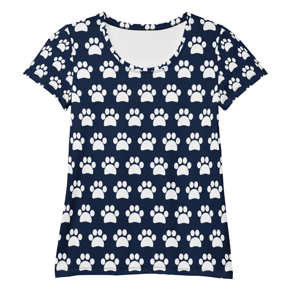 Women’s Navy Blue Paw Print Athletic T-Shirt - Lightweight Moisture Wicking Workout Top With UPF 50+