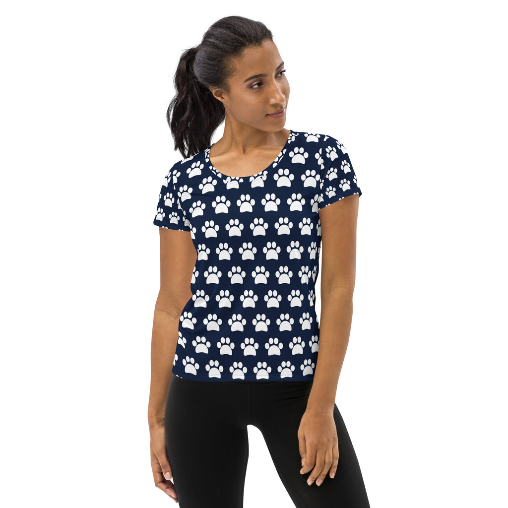 Women’s Navy Blue Paw Print Athletic T-Shirt - Lightweight Moisture Wicking Workout Top With UPF 50+