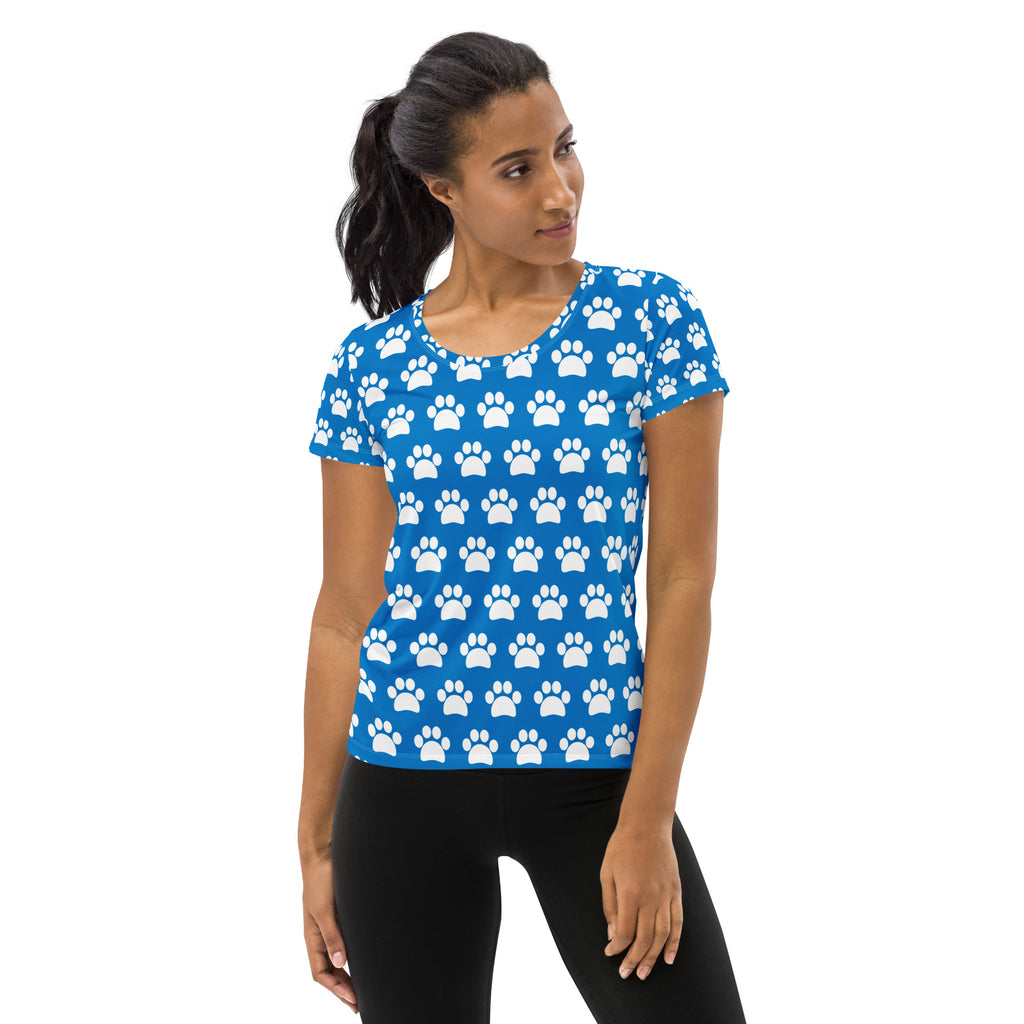Women’s Royal Blue Paw Print Athletic T-Shirt - Lightweight Moisture Wicking Workout Top With UPF 50+