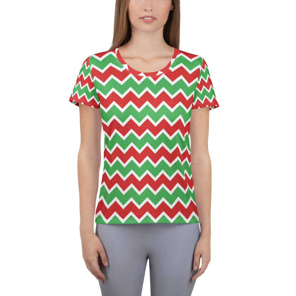 Women’s Christmas Chevron Athletic T-Shirt - Lightweight Moisture Wicking Workout Top with UPF 50+