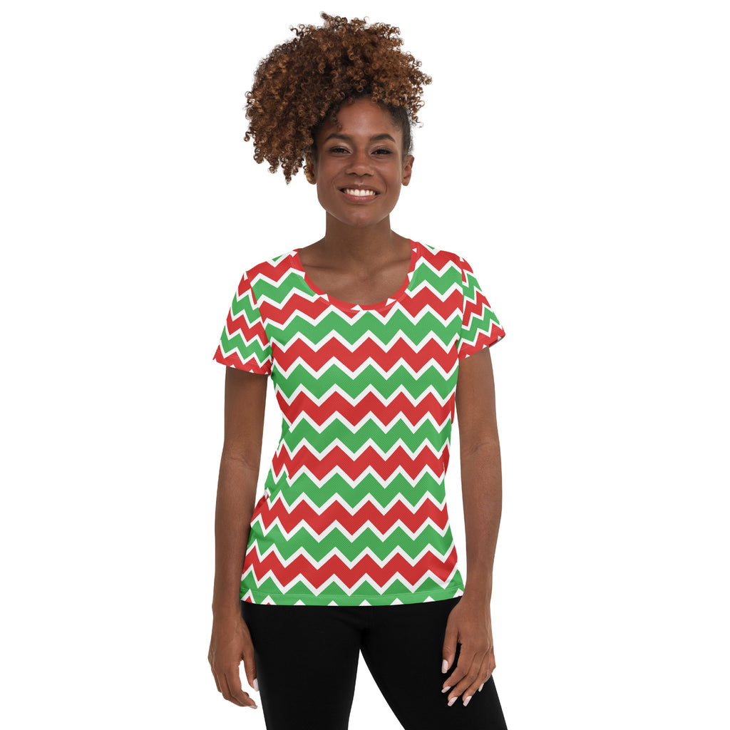 Women’s Christmas Chevron Athletic T-Shirt - Lightweight Moisture Wicking Workout Top with UPF 50+