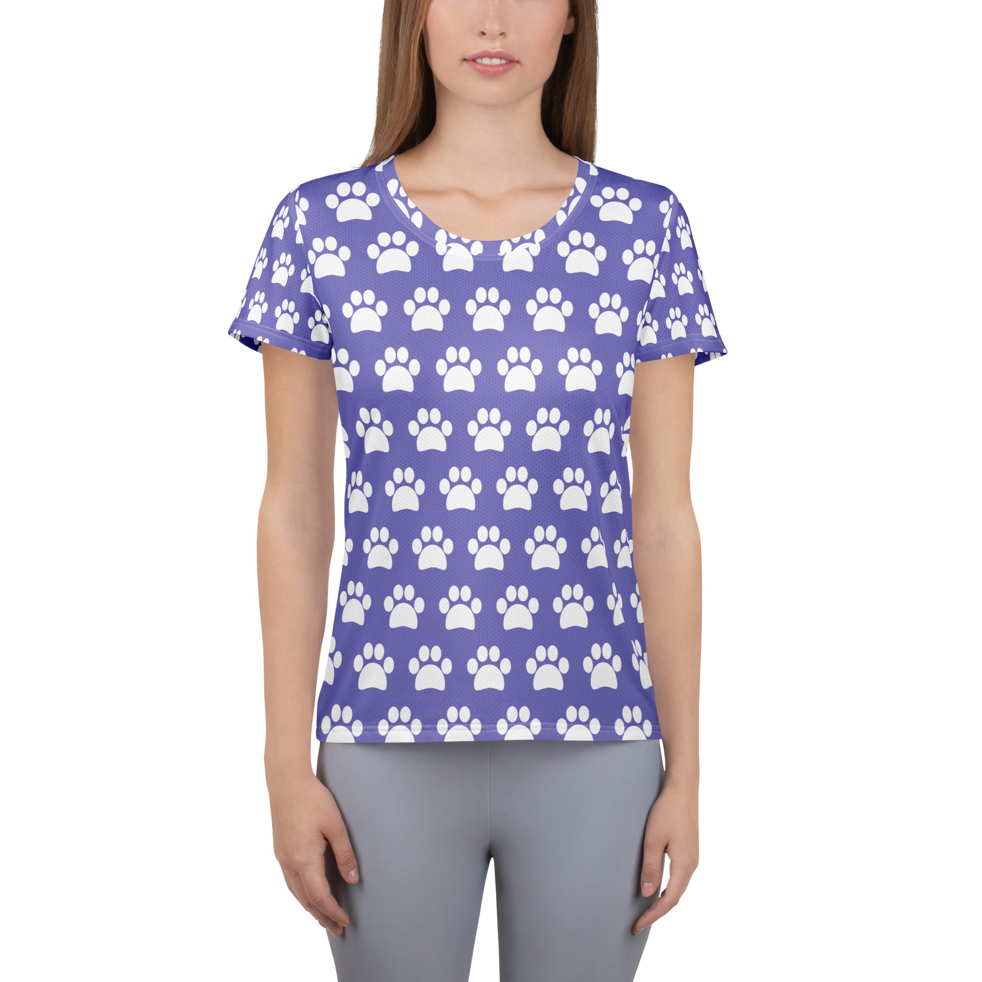 Women’s Lavender Purple Paw Print Athletic T-Shirt - Lightweight Moisture Wicking Workout Top With UPF 50+