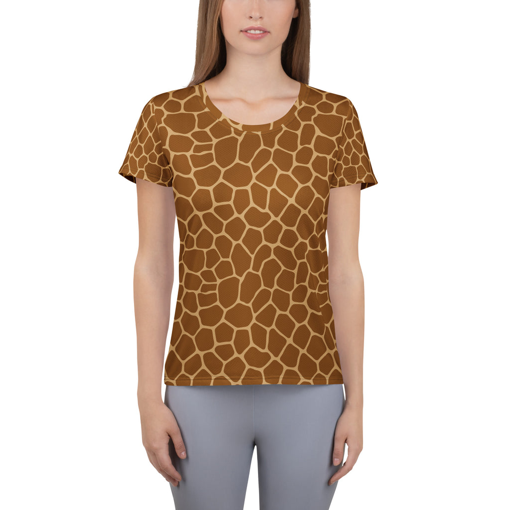 Women’s Giraffe Print Athletic T-Shirt - Lightweight Moisture Wicking Workout Top With UPF 50+