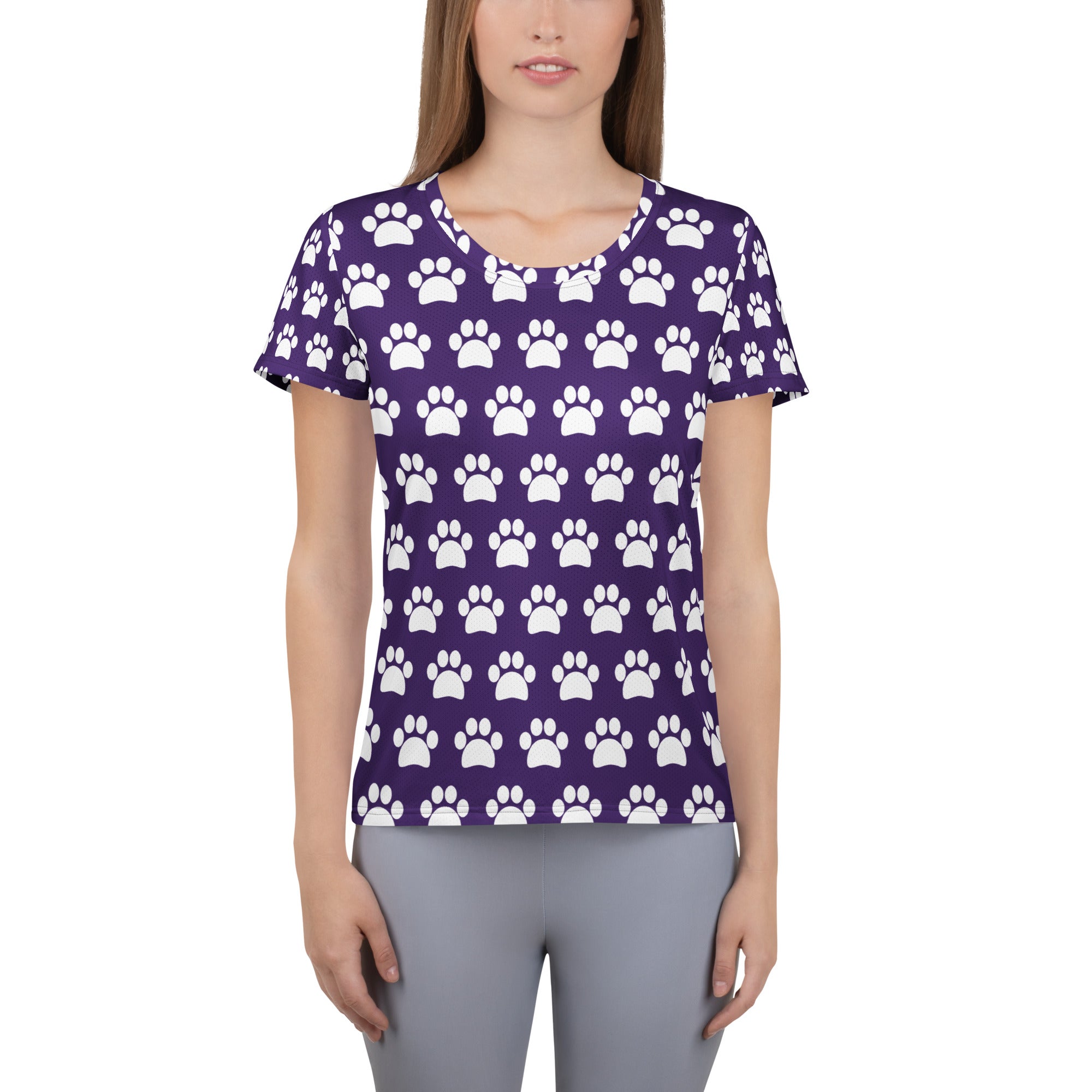 Women’s Dark Purple Paw Print Athletic T-Shirt - Lightweight Moisture Wicking Workout Top With UPF 50+