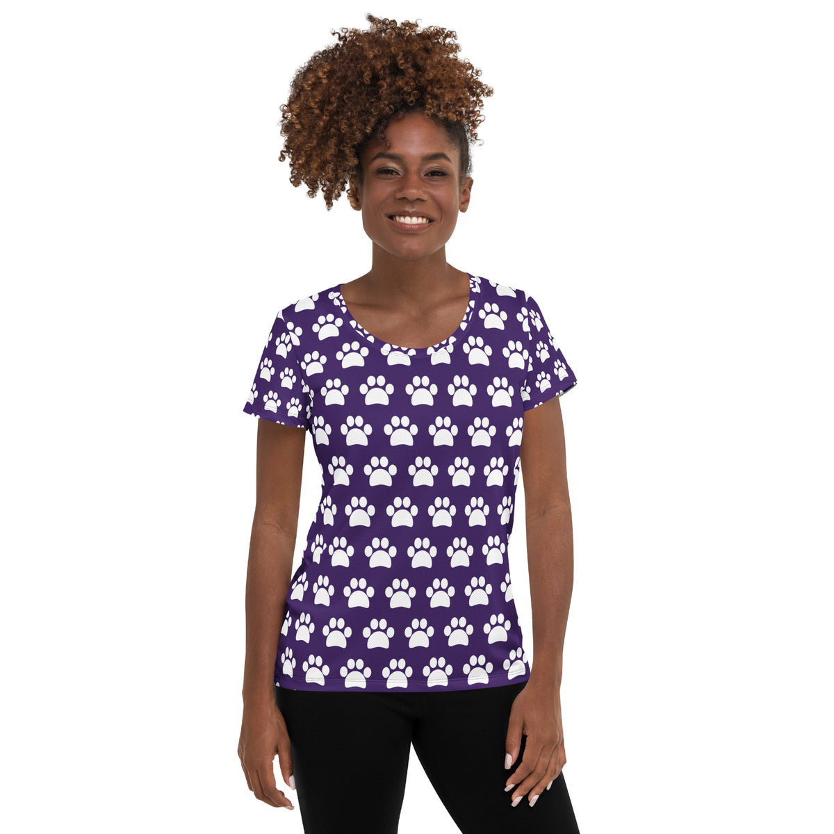 Women’s Dark Purple Paw Print Athletic T-Shirt - Lightweight Moisture Wicking Workout Top With UPF 50+