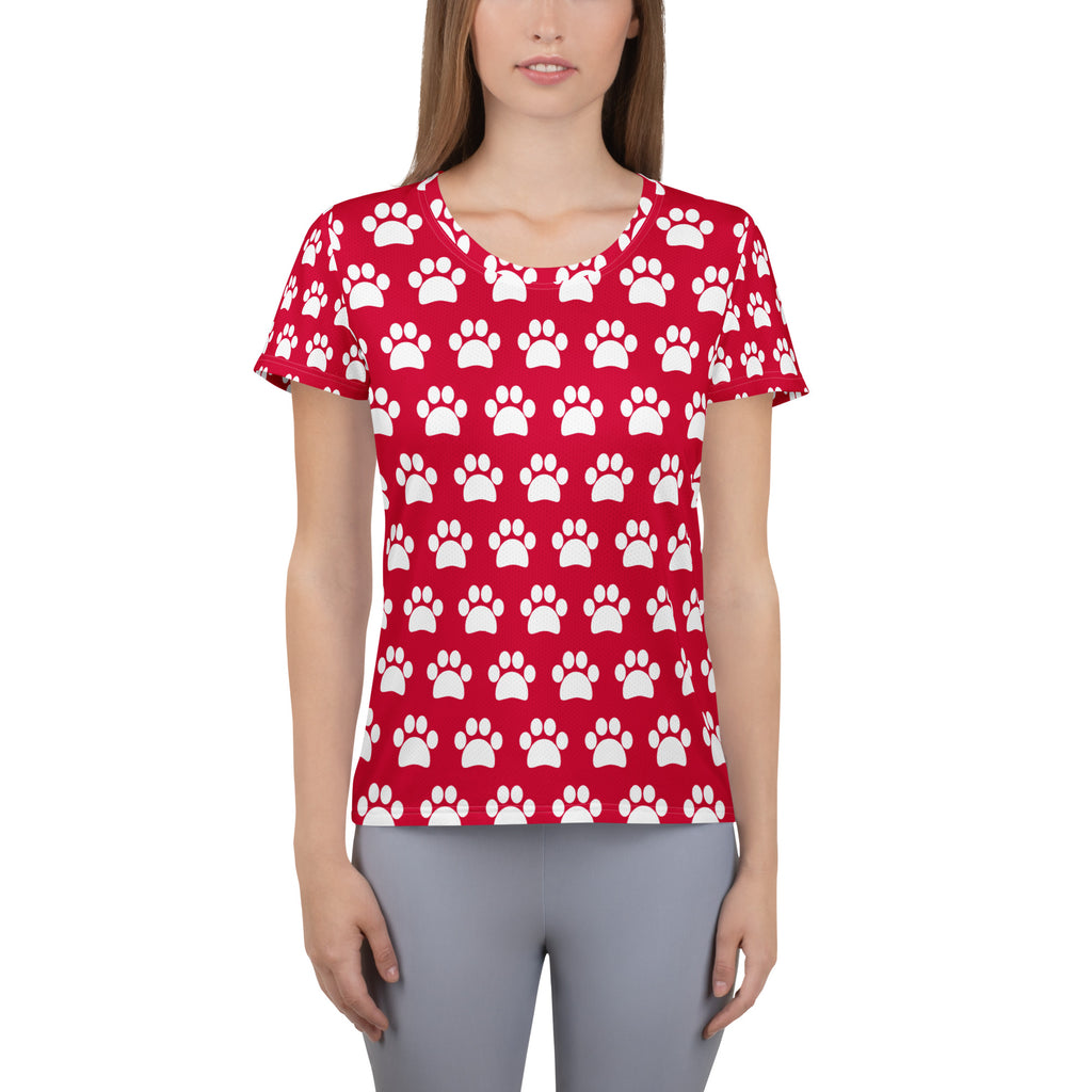 Women’s Rose Red Paw Print Athletic T-Shirt - Lightweight Moisture Wicking Workout Top With UPF 50+