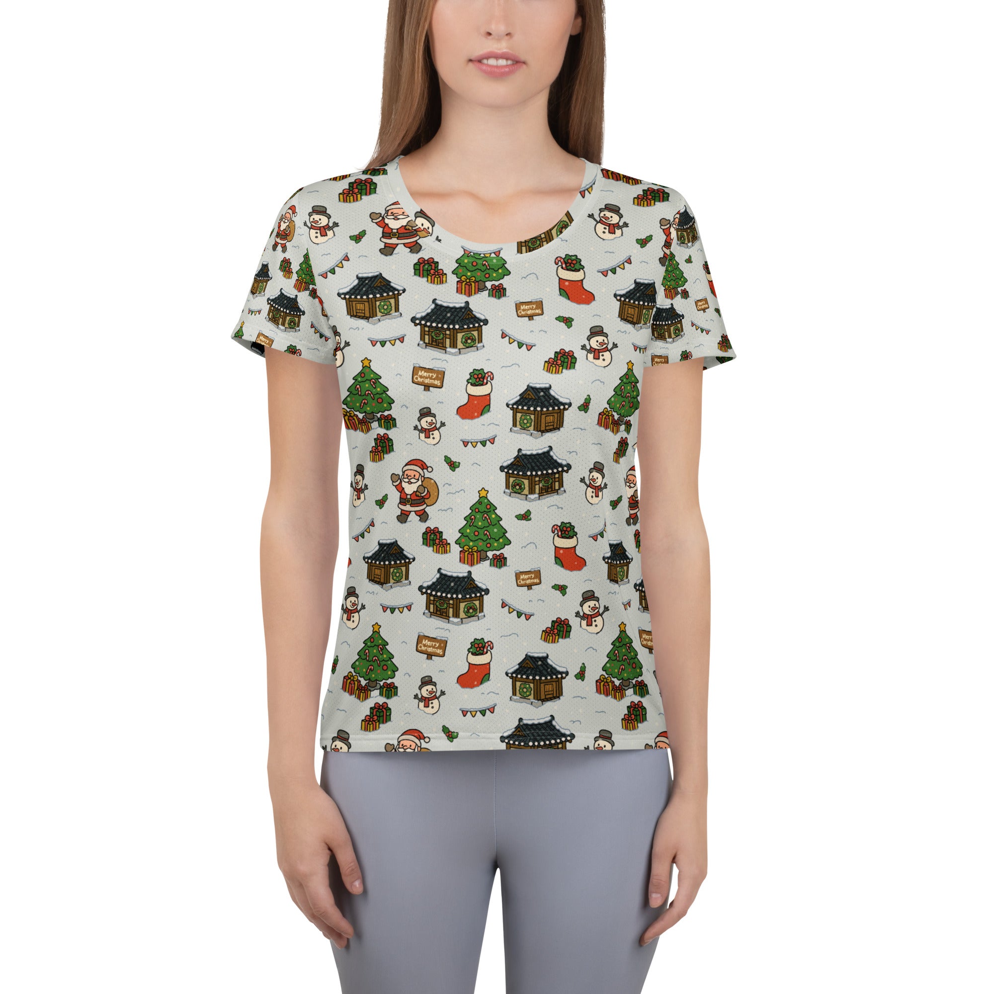 Women’s Christmas Village Athletic T-Shirt - Lightweight Moisture Wicking Workout Top With UPF 50+
